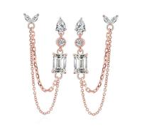 Calefee Orecchini Catena Doppio Buco, Orecchini Con Pendente Oro Rosa 18k con Moissanite, Gioielli Matrimonio Eleganti