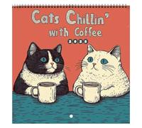 Calendario 2025 con illustrazione di gattini carini: presenta un divertente gatto che si rilassa con un design caffè, un planner mensile da parete perfetto per l'uso domestico.