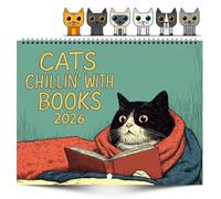 Calendario 2026 con gatto che legge il gatto chillin con libro, divertente planner mensile con illustrazione di gattini, illustrazioni a colori, promemoria creativo per la pianificazione familiare per