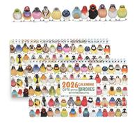Calendario 2026 di graziosi uccellini, illustrazioni uniche di uccelli disegnati a mano provenienti da 6 continenti, calendari da parete ecologici in carta riciclata, adatti come regalo (2Pcs)