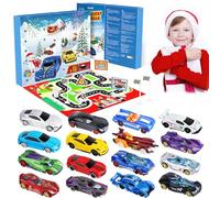 Calendario Avvento 2024, Calendario dell'Avvento per Bambini 3-12 Anni, Calendario per il Conto alla Rovescia di 24 Giorni Natale Regalo con 16 Macchinine, Mappa e 6 Personaggi dei Cartoni Animati