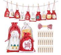 Calendario Avvento Fai da Te, GWHOLE 24 pz Sacchettini Calendario Avvento 15.5 x 11cm Calendario Dell'avvento 2024 Calendario Avvento Vuoto da Riempire per Natale con Numeri, Clip, Corda di Canapa