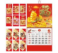 Calendario da parete cinese, design con busta rossa, 26.77i, planner 12 mesi con funzione da appendere, supporto decorativo da parete, calendario con stile festivo, accessorio per la casa per sala da