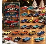 Calendario de ll'Avvento, 24 2D Acrilico giorni di auto americane classiche | 2026 Christmas Countdown with 24 Vintage Ride Collectible Die-Cast Cars, Retro Classic Vehicle Set for Car Collectors