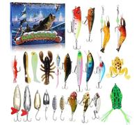 Calendario dell'Avvento 2024 con 24 esche da pesca per conto alla rovescia, include cucchiaio, plastica e esche rigide per migliorare il divertimento della pesca durante le festività natalizie (stile