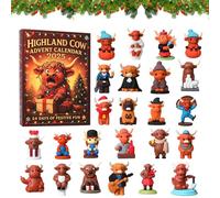 Calendario dell'avvento 2025 con 24 giorni a forma di mucca delle Highland, 2D/3D, con 24 diversi mini ornamenti a forma di mucca delle Highland, grazioso regalo decorativo per le vacanze (resina 3D)