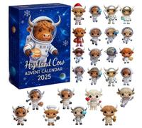 Calendario dell'avvento 2025 con motivo astronauta con mucca delle Highlands, 24 giorni, con 24 diversi ornamenti 2D da appendere, regalo a sorpresa di Natale per gli amanti delle mucche, fan dello