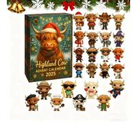 Calendario dell'avvento 2025 con mucca delle Highland Cow, 24 giorni di conto alla rovescia natalizio con 24 diversi mini ornamenti a forma di mucca delle Highland, calendario dell'avvento 2025 con