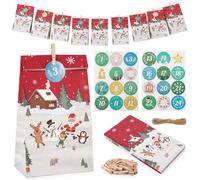 Calendario dell'Avvento 2025 da riempire, 24 sacchetti calendario dell'Avvento per il fai da te per bambini e adulti, calendario natalizio da riempire con numeri adesivi e clip in legno - rosso bianco