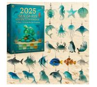 Calendario dell'avvento 2025 in vetro marino, 24 ornamenti unici a tema oceano fatti a mano con ciondolo 2D a forma di cavalluccio marino stella marina delfino, conto alla rovescia di Natale costiero