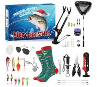 Calendario dell'Avvento 2025 per la pesca per uomini, 24 giorni di accessori per la pesca, calendario dell'Avvento con porta canna da pesca, porta ami, pinze per ami, calendario con perline