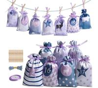 Calendario dell'Avvento da riempire, 24 sacchetti di stoffa, catena grande (12 x 21,5 cm), per fai da te e da appendere, calendario natalizio 2024, da riempire con sacchetto viola per bambini, ragazze