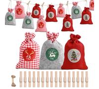 Calendario dell'Avvento da usare per bambini, in lino, 24 sacchetti, da usare (10 × 14 cm), calendario dell'Avvento fai da te (rosso, grigio, bianco), 3 sacchetti