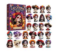 Calendario dell'Avvento Halloween 2026 - Set di 24 Ciondoli 2D in Acrilico, Decorazioni Scheletri Messicane con Fiori e Cappelli, Addobbi Originali per Albero di Natale e Feste