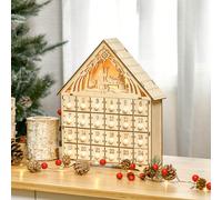Calendario dell'Avvento in Legno con 24 Cassetti, Decorazione Natalizia con Presepe Intagliato e Luci, 26.6x6x30cm Description:Divertiti a contare i giorni che mancano al Natale con il calendario dell