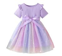 Calendario di Natale per bambini, ragazza, abito da principessa con fiocco e gradiente di colore, gonna a maniche corte, abito da festa elegante, Viola chiaro, 4-5 Anni