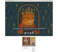 Calendario medievale di gatti con corone 2026, grande calendario da parete con gatto medievale incoronato 2026, agenda 12 mesi, calendari stravaganti con misteri e ciondoli, regalo per (1pcs)