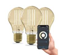 CALEX Lampadina LED Smart, E27, A60, Filamento Oro, luce calda, Dimmerabile, controllo app Wi-Fi & vocale, Confezione da 3