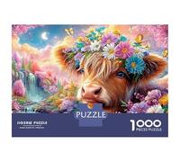 Calf with Vibrant Flower Wreath Puzzle Da 1000 Pezzi Cute Highland Cattle Sfida Di Ingegno Per Tutte Le Età 70x50cm/1000pcs