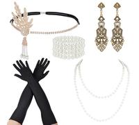 CALFOVERA Set Flapper Da Donna Pearl 1920s con Fascia per Capelli In Pelle PU, Guanti, Collane di Perline, Braccialetti, Orecchini, Set Copricapo Vintage Ruggente per Abiti Da Festa di Halloween Gats