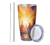 Calice alba con coperchio, mosaico astratto bohemien, città botanica, lago, paesaggio solare, giallo e blu, isolato, in metallo, senza piede, doppia parete, 590 ml