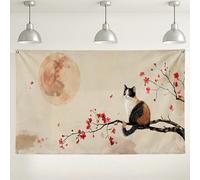 Calico, sfondo da parete con gatto e fiore, stile vintage giapponese, decorazione artistica per fotografie, estetica lunare per interni ed esterni, per eventi primaverili, 180 x 109 cm