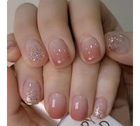 Calkkrer 24 Pezzi Blush Ombre Unghie Finte Adesive, Unghie Quadrate Corte, Unghie Finte con Glitter, Unghie Francesi, Unghie Artificiali
