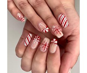 Calkkrer 24 Storie Unghie Finte Corte Natale, Unghie Quadrate Rosse e Bianche con Design Candy Fiocchi di Neve, Unghie Artificiali Autoadesive, Unghie Finte