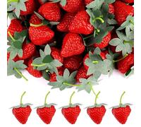 Calkkrer 50 pezzi fragole rosse artificiali, decorazione fragola per cucina, feste, fotografia, frutta decorativa in plastica, frutta artificiale per la decorazione di stoviglie