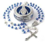 Calkkrer Rosario cattolico con grani di Vetro da 6 mm e grani del Padre Nostro da 8 mm, Collana con Scatola Regalo in Metallo, Rosario Blu per Prima Comunione e Personalizzato