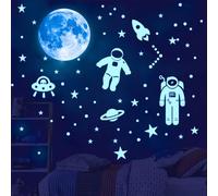Calkkrer Stelle luminose per cameretta bambini adesivo murale con navicella spaziale blu, adesivi autoadesivi per ragazzi, stelle e pianeti luminosi realistici