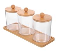 CALLARON Set 3 Barattoli di Stoccaggio Trasparenti con Coperchio in Bambù, Dispenser per Cotton Fioc e Organizer per Bagno, Contenitori Salvaspazio per Dischetti di Cotone e Trucco