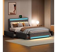 Callicarpa Letto imbottito 140 x 200 cm con LED e USB, letto matrimoniale con 4 cassetti, letto a molle con spazio e rete a doghe, schienale per ragazzi, senza materasso, lino grigio