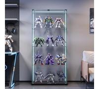 Callicarpa Vetrina in vetro con luce a battente, striscia LED e ante in vetro, vetrina da collezione per soggiorno, ufficio, sala giochi in bianco/nero (nero, vetrina con doppie porte, 4 livelli +