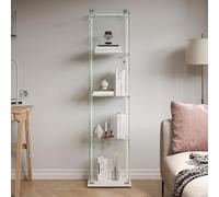 Callicarpa Vetrina in vetro con luce a battente, striscia LED e ante in vetro, vetrina da collezione per soggiorno, ufficio, sala giochi in bianco/nero (bianco, vetrina con una porta, 4 livelli +