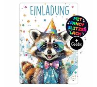 CALLUNA® Procione GLITZER Biglietti d'invito per il compleanno dei bambini, 12 pezzi, divertente procione, inviti di compleanno con vernice glitterata colorata, invito per bambini e adolescenti (senza