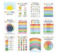 Calming Corner Posters, 12 Pieces Kids Feelings Wheel Chart Emotions Poster, Mental Health Visual Charts, Emotions and Mindfulness Wall Art, Sensory Wall Art for Preschool Home