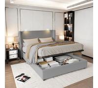 Caluself bed1. Double storage bed with LED lighting, reading light, gas pressure rod, storage function, USB charging, quick assembly, flannel material, V5v1W4