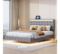 Caluself bedbelupai Cadre de rembourré pour double - - Cadre de flottant avec lumières LED et tête de réglable en hauteur avec 2 stations de charge USB - Tissu en lin - Pour 2M8n5O