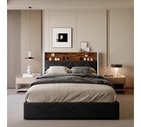 Caluself Letto a pressione + caricatore + luce LED su entrambi i lati con 140 x 200 cm pelle PU nera + motivo fuoco