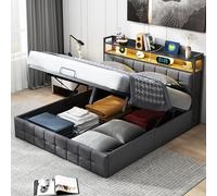 Caluself Letto grigio con vano portaoggetti e molla a gas, imbottito con lino, 160 x 200 cm