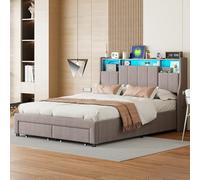 Caluself lit rembourré, x, avec chargement USB Type-C, éclairage LED et 4 tiroirs, double, double, coffre, cadre de, sommier à lattes en bois, * gris fwf.K2f8dZ