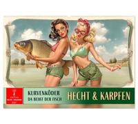 CALVENDO Luccio e carpe, esche curve, da mordere il pesce (calendario da parete 2027 DIN A2 orizzontale), calendario mensile: canna da pesca e nostalgia, pesci fantastici e donne adorabili.