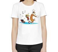 Calvin and Hobbes Dancing with Music - Maglietta classica da donna, girocollo e maniche corte, bianco, S