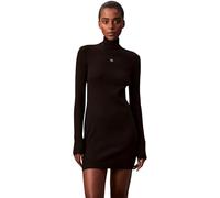 Calvin Klein Donna Abito Attillato Woven Label Ribbed Mini con Colletto alla Coreana, Nero (Black), M