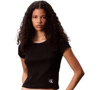 Calvin Klein Donna T-Shirt Maniche Corte Woven Label Rib Baby Tee con Scollo Rotondo, Nero (Black), XXS