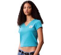 Calvin Klein Donna T-Shirt Maniche Corte Woven Label Rib Tee con Scollo a V, Turchese (Tuscan Teal), S
