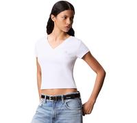 Calvin Klein Donna T-Shirt Maniche Corte Woven Label Rib Tee con Scollo a V, Bianco (Brilliant White), XXS