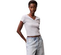 Calvin Klein Donna T-Shirt Maniche Corte Woven Label Rib Tee con Scollo a V, Grigio (Bc06 Grey Heather), XL