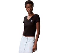 Calvin Klein Donna T-Shirt Maniche Corte Woven Label Rib Tee con Scollo a V, Nero (Black), 3XS